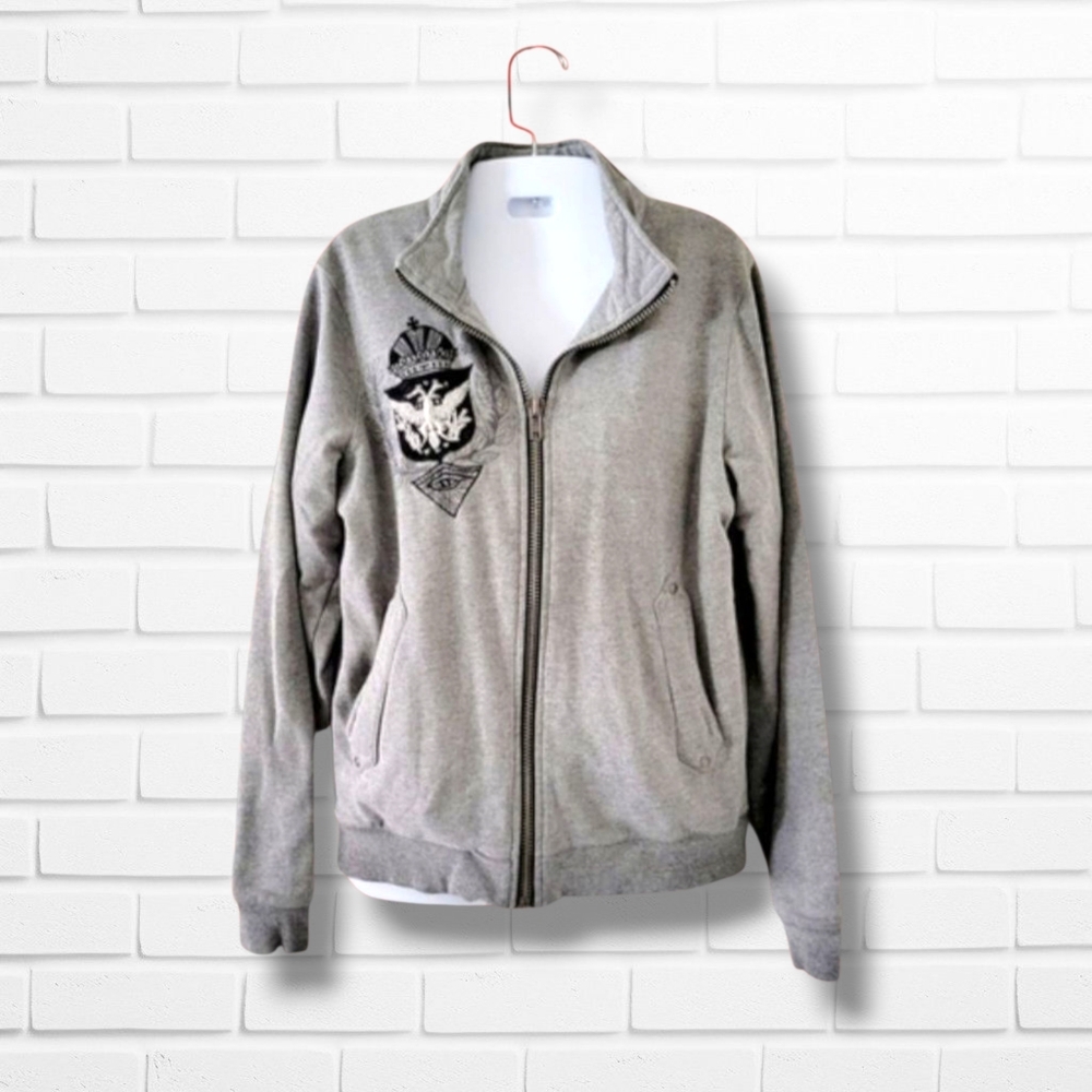 Black Hearts Brigade | Y2K Gray Embroidered Emblem Zip Up Jacket